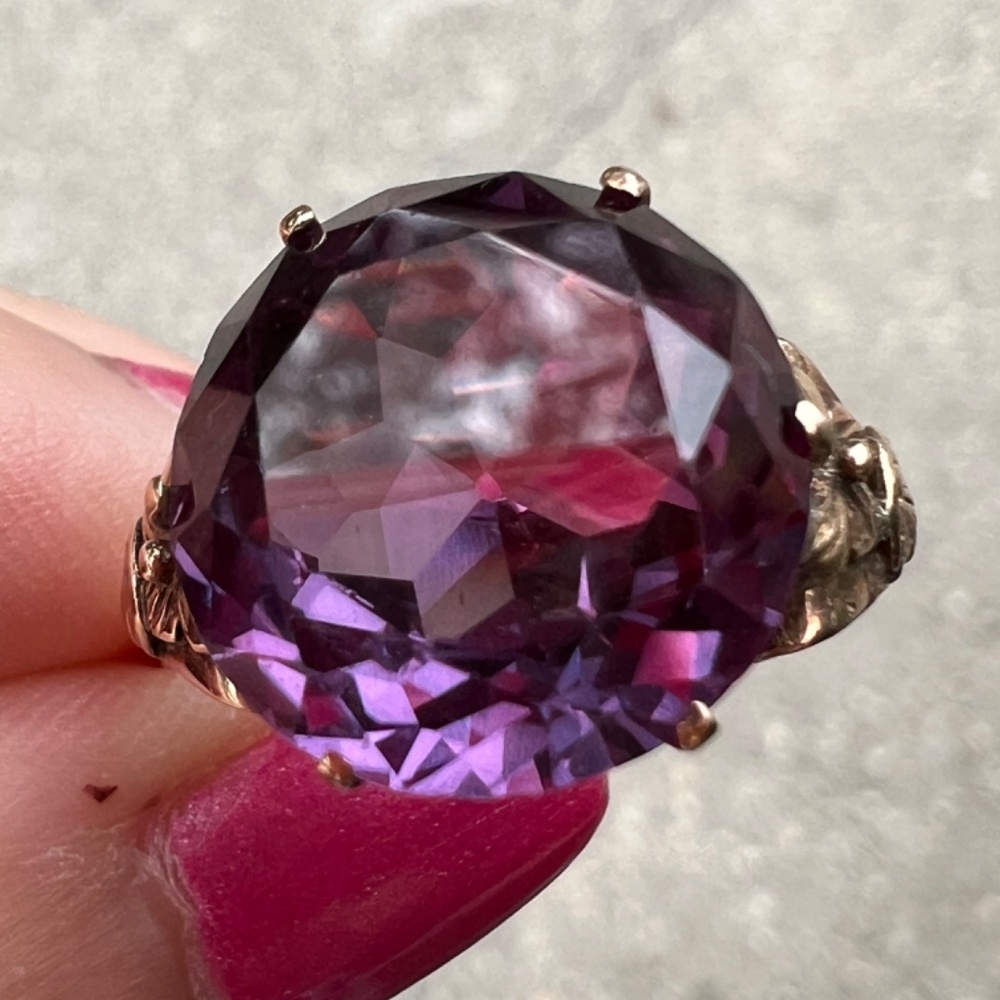 VINTAGE 14K YELLOW GOLD PURPLE COLOR CHANGE SAPPHIRE ALEXANDRITE FLOWER RING - Picture 3 of 16